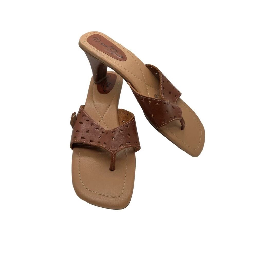 Fioni Brown Leather Laser‎ Cut Heeled Sandal Size 10